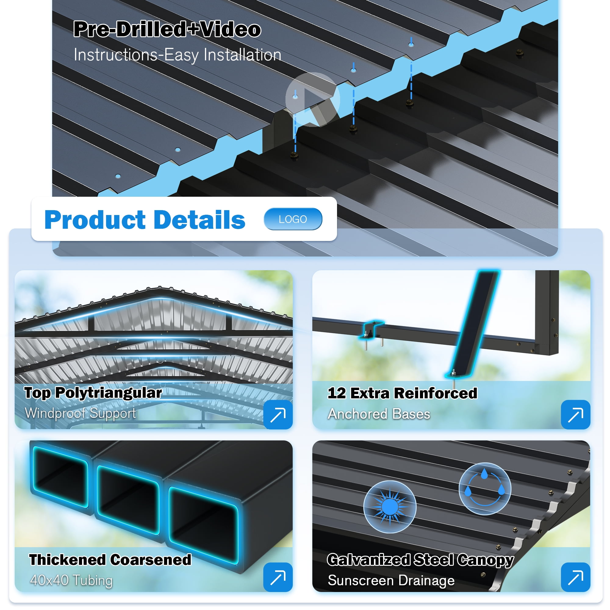 MUCHANT 12’X20’ Outdoor Heavy-Duty Carport Galvanized Steel Roof with Reinforced Stable Triangle Frame & Enhanced Base for Car, Pickup and Truck