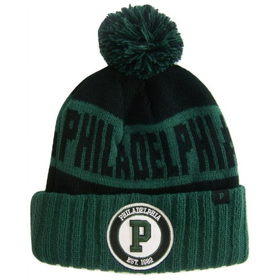 Philadelphia P Patch Ribbed Cuff Knit Winter Hat Pom Beanie (Green/Black Patch)