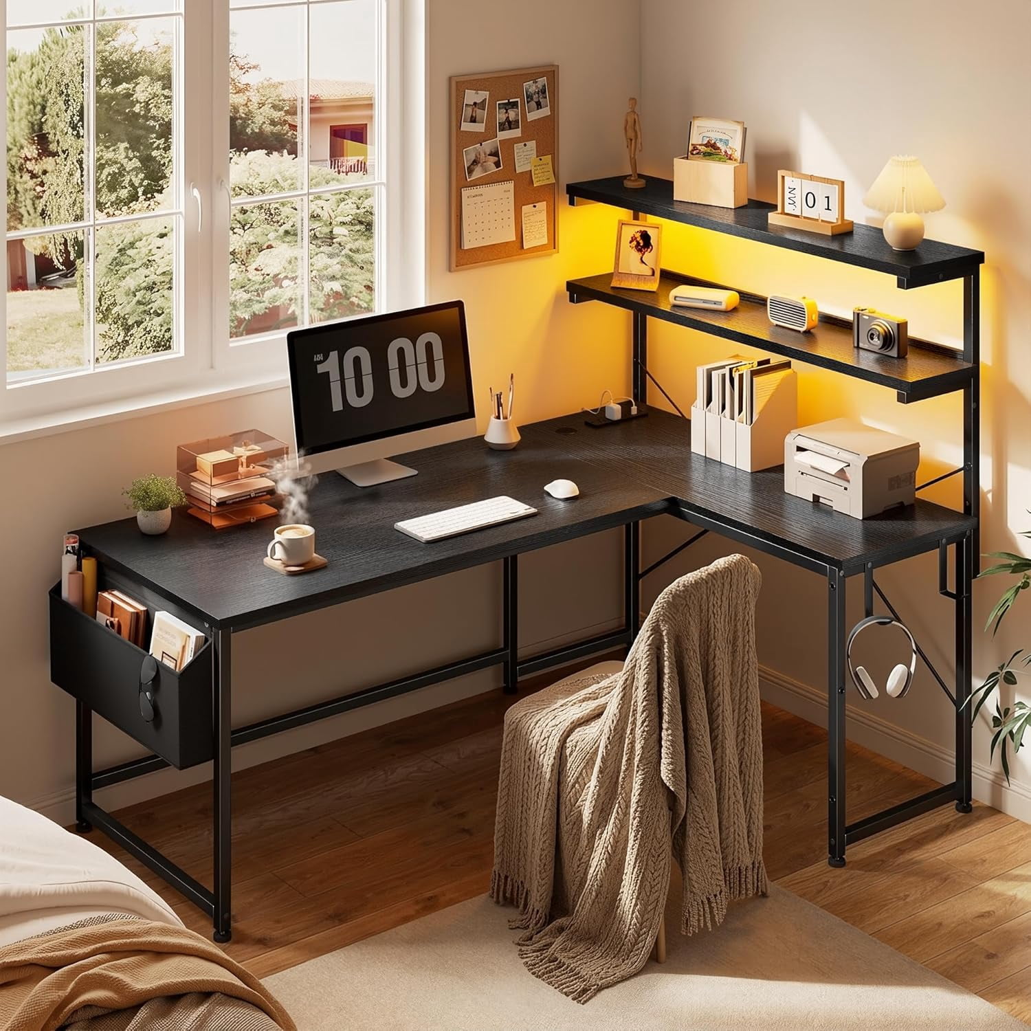 53 Inch L Shaped Desk Gaming Desk with LED Light & Power Outlet, Reversible L Shaped Computer Desk with Shelf & Storage Bag Gamer Corner Desk with Headphone Hook for Home Office Desk, Black