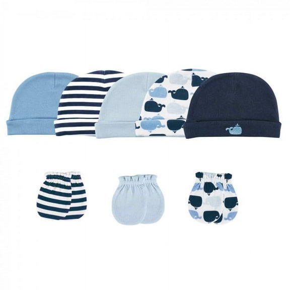 Luvable Friends Baby Boy Cotton Caps and Scratch Mittens 8pk, Whale, 0-6 Months