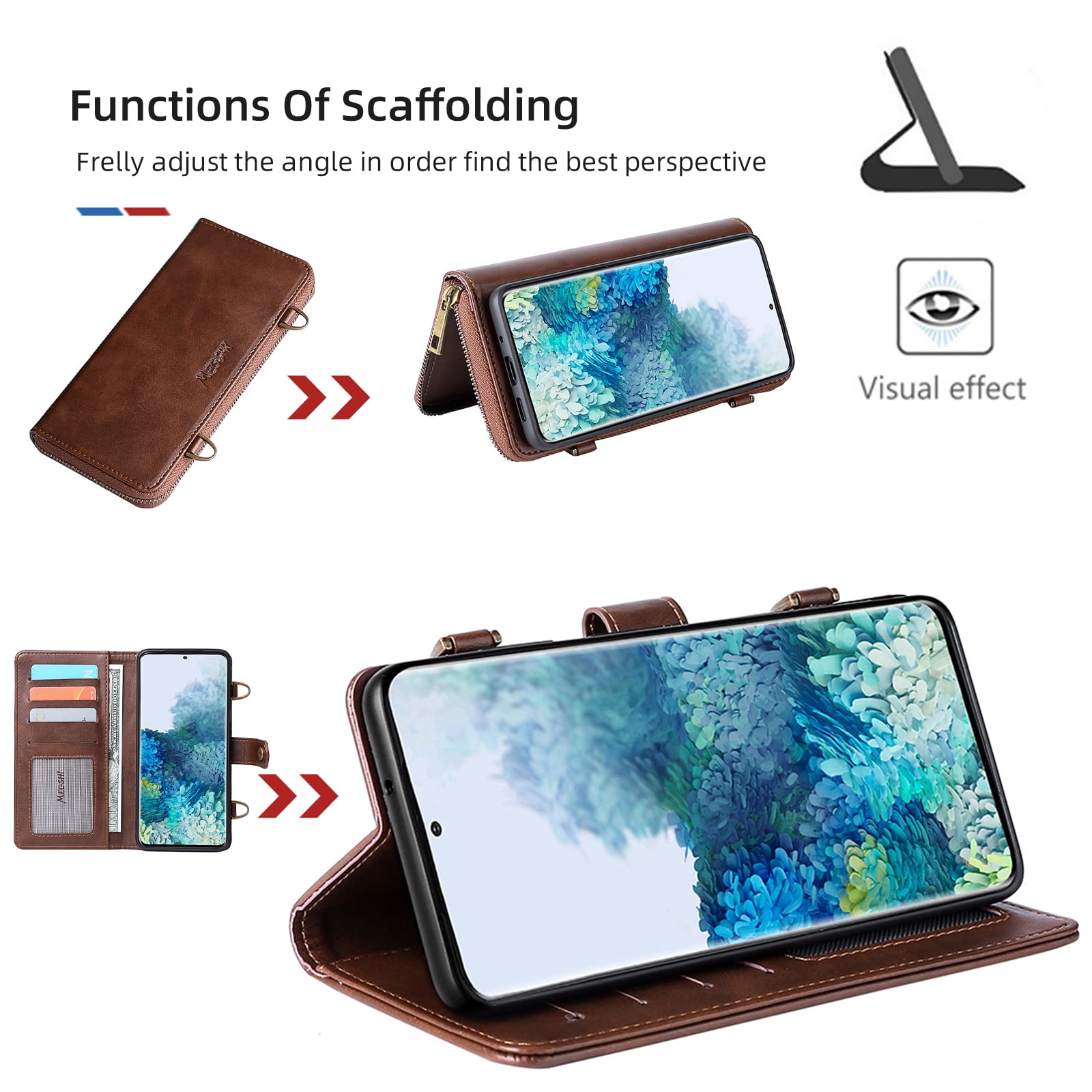 Galaxy S22 Wallet Case Premium Leather Flip Zipper Detachable Magnet Wallet Stand Card Holder Case with Crossbody Lanyard Strap Zipper Pocket Cover for Samsung Galaxy S22 6.1 inch 2022,Brown