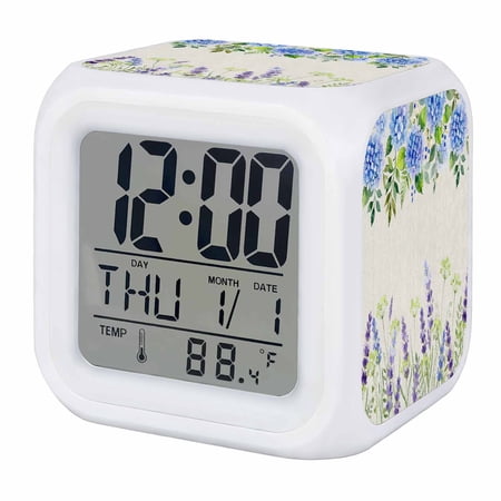 Blue Hydrangea Digital Alarm Clock for Bedrooms, Smart LED Alarm Clock with 7 Color Changing Night Light, Farmhouse Country Wild Flowers Beige Silent Wake Up Clocks for Sleep Study Cooking 3.2x3.2