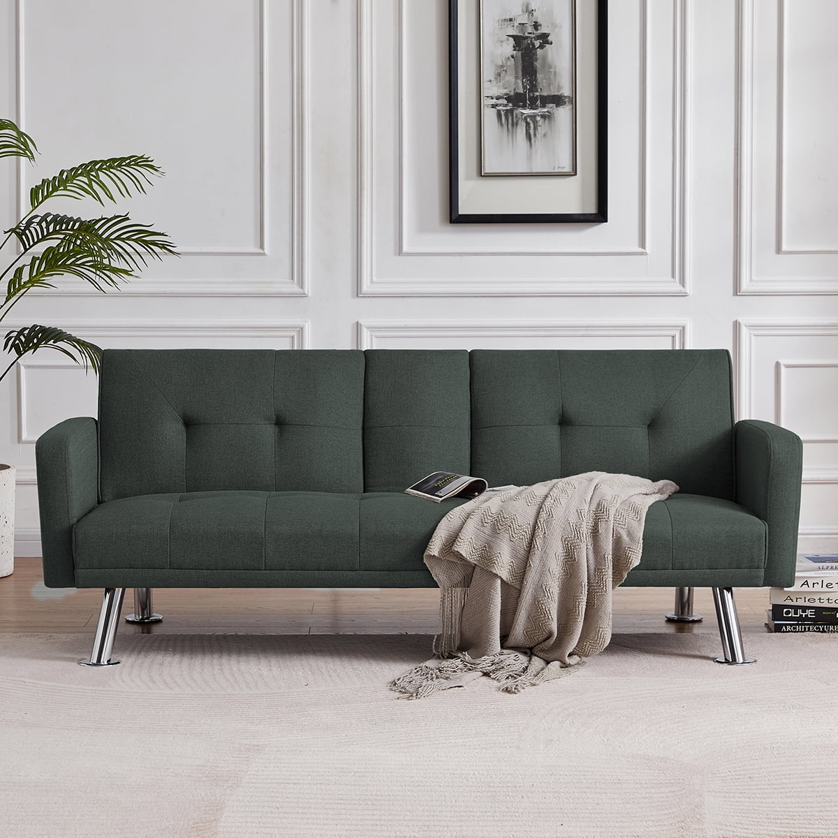 Aukfa Futon Tufted Back Convertible Sofa with 2 Cup Holders - 72" Twin -Dark Gray