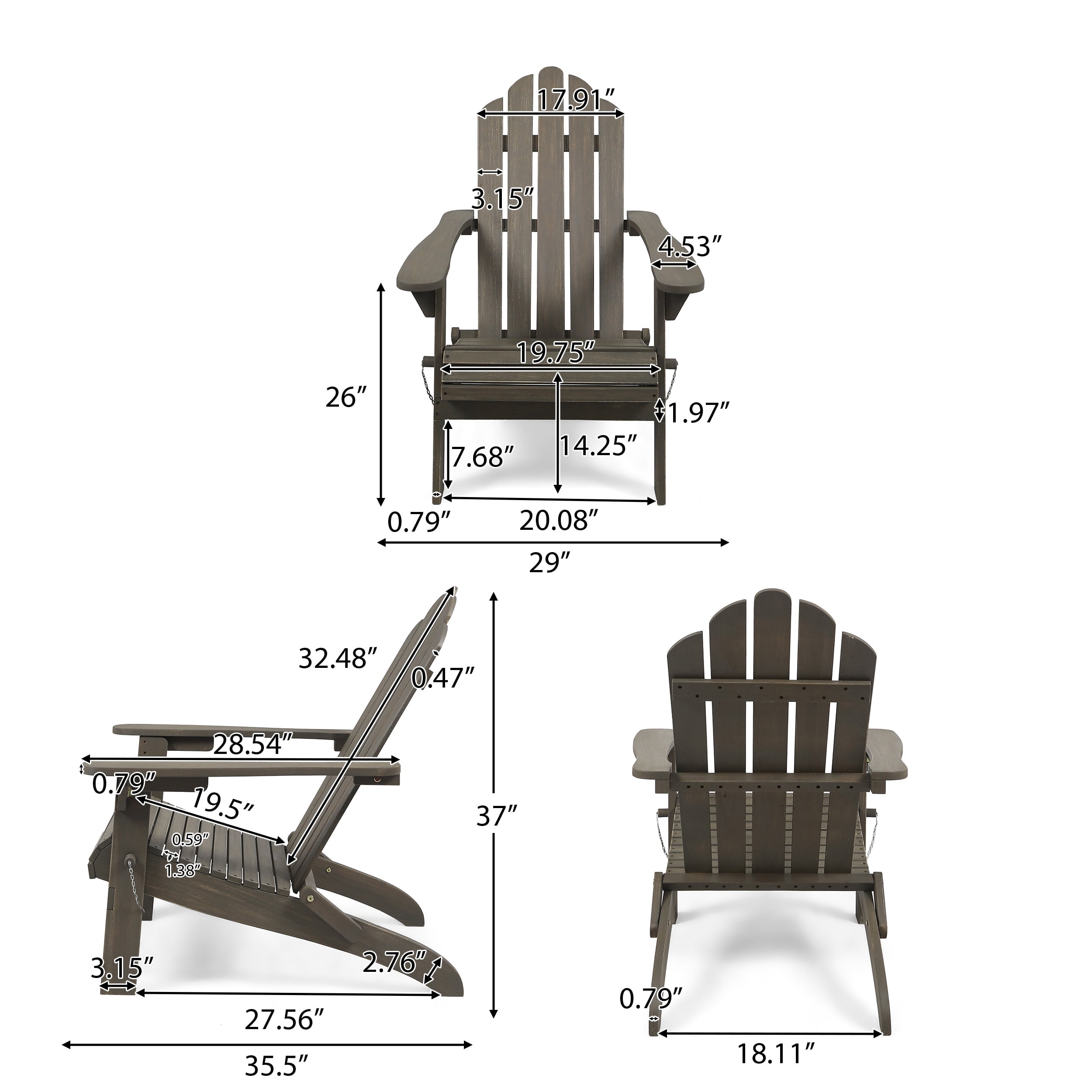 Cytheria Acacia Wood Outdoor Foldable Adirondack Chairs, Set of 2, Dark Gray