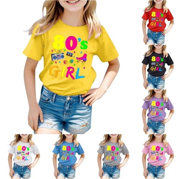 Trendfront Girls 80s T Shirts Short Sleeve Crewneck Retro Disco Party Graphic Tee Kids Roller Skates Boombox Cassette Novelty Top Outfits