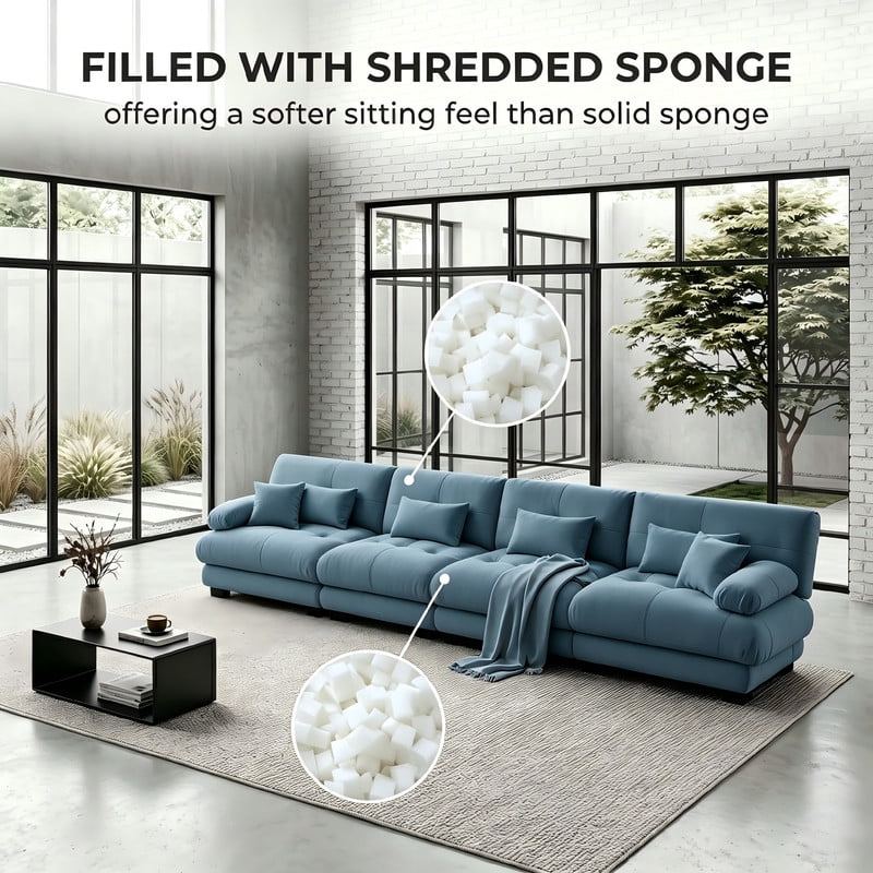 ANPPORT Cloud Couch Sleeper Sofa, Chenille Blue 4-Seater Modular Sofa, 4 Lumbar pillows, 2 Pillows, Comfy Deep Seat Cloud Sofa, Convertible L-Shaped Floor Couch for Living Room