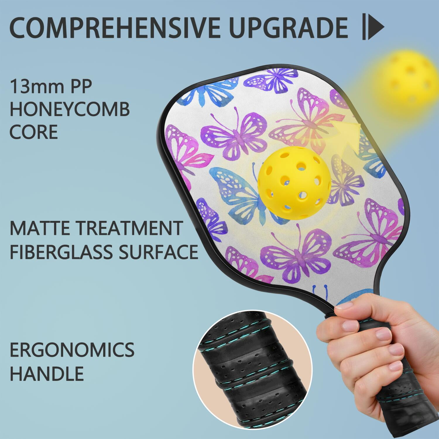 Pickleball Paddles Set Of 1, Fiberglass Surface, Boho Butterfly Decor, 1 Paddle, 2 Balls & Bag
