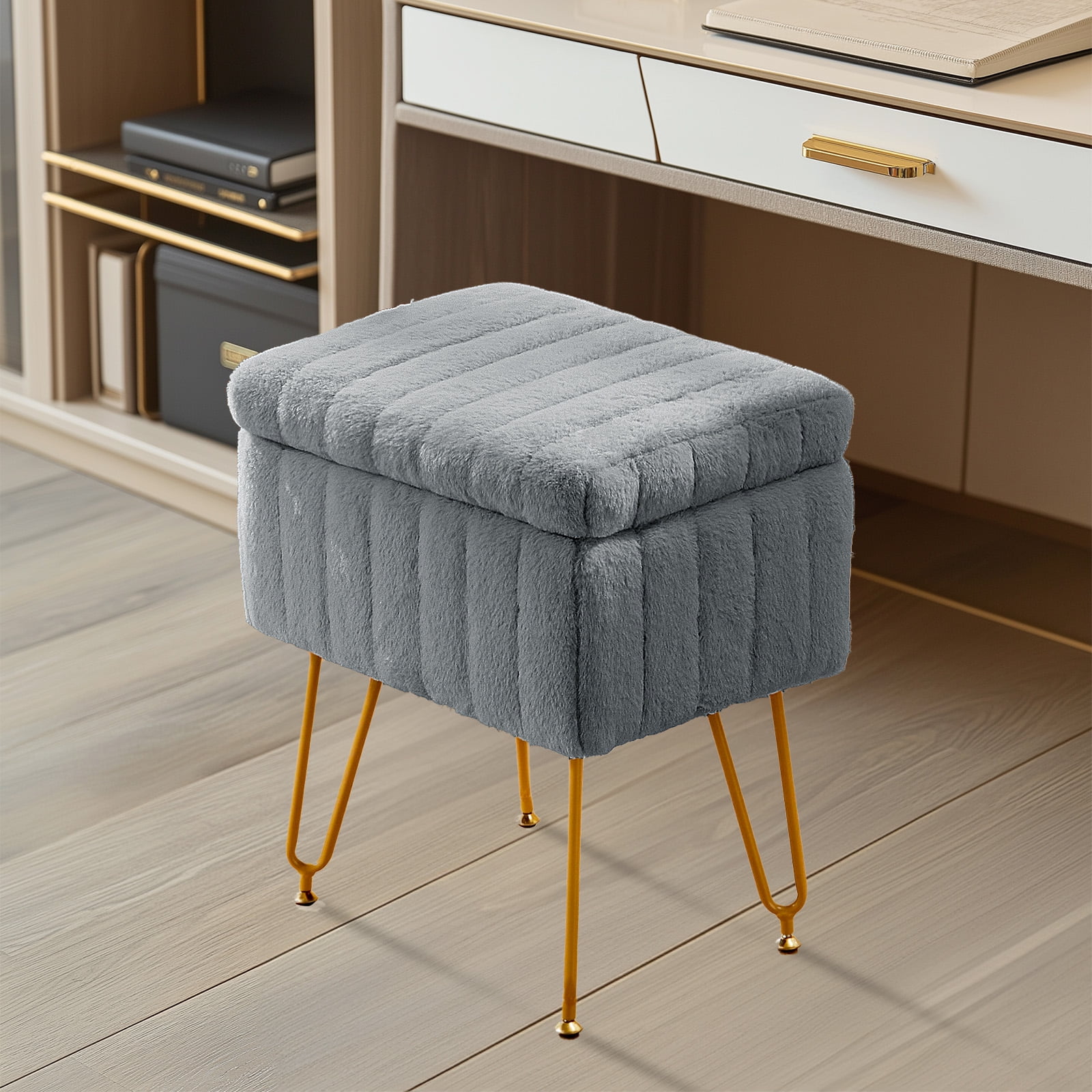 MCQ Stool Chair with Storage Space,with Non-Slip Feet, for Dressing Room, Bedroom, Grey