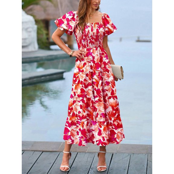 Womens Red Flower Print Smocked Square Neck Puff Sleeve Tiered Midi Dress
