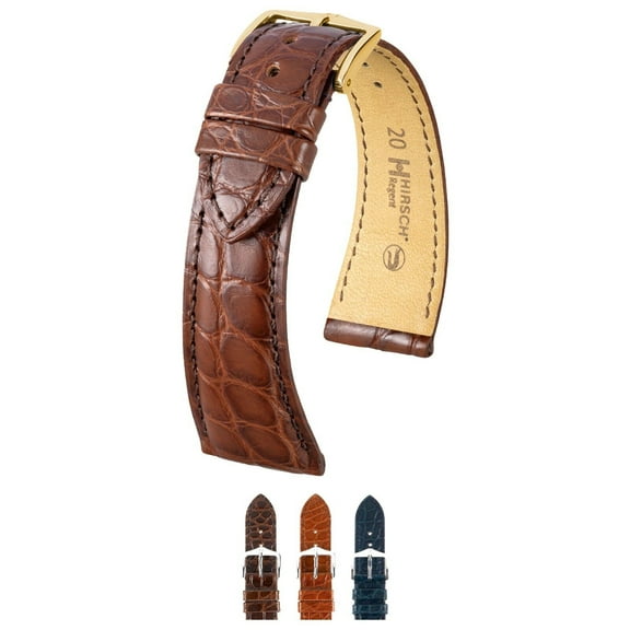 Hirsch Regent Alligator Leather Watch Strap - Brown - M - 17mm - Shiny Gold Buckle - Alligator Flank Leather Band