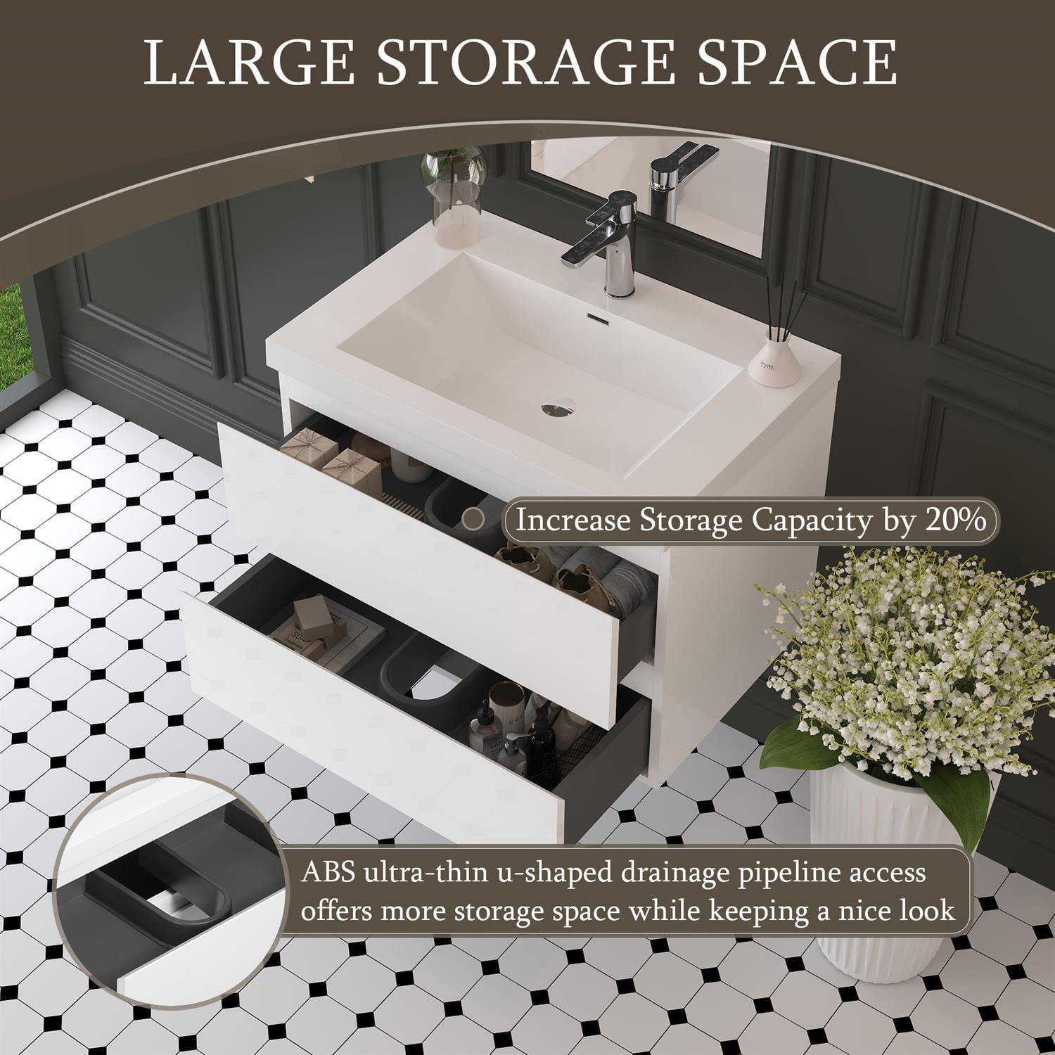 Demi Bonn 30" Floating Bathroom Vanity with Sink, Resin Top Basin and 2 Soft Close Drawers, Faucets and Drains Not Included, White