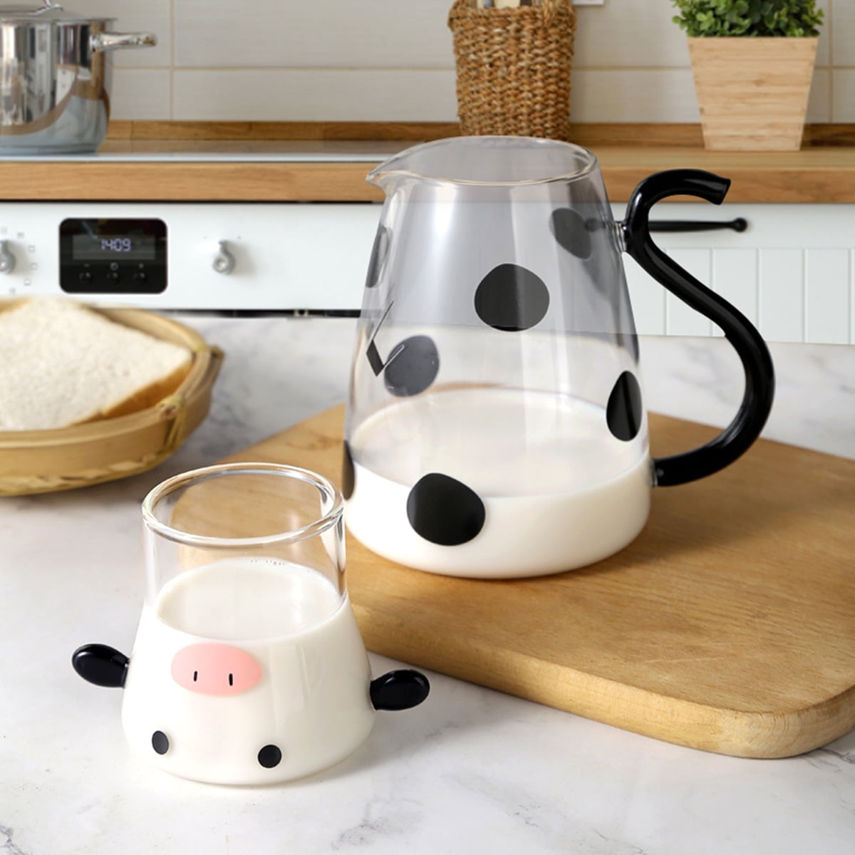 Mamamax Cow Glass Water Pitcher with Glass Cup,500ml Vshaped Spout Cow