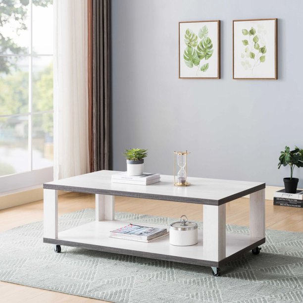 Fc Design Two Toned Coffee Table With Casters Cocktail Table With Bottom Shelf White Oak And Distressed Grey Finish Walmart Com Walmart Com