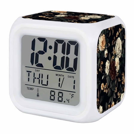 Vintage Black Floral Digital Alarm Clock for Bedrooms,Smart LED Alarm Clock with 7 Color Changing Night Light,Spring Seasonal Botanical Blooms Silent Wake Up Clocks for Sleep Study Cooking 3.2x3.2