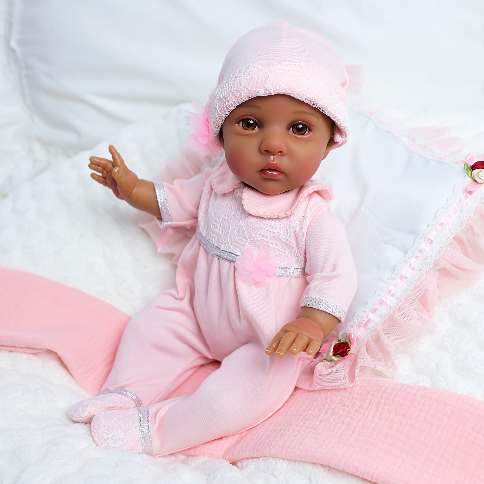 16 Inch Reborn Baby Doll Girl, Black Realistic Newborn Doll With Brown Eyes Pink Outfit, Lifelike Soft Body Baby Doll Collectible Toy For Role Play, Birthday Christmas Gift For Girls Age 3+