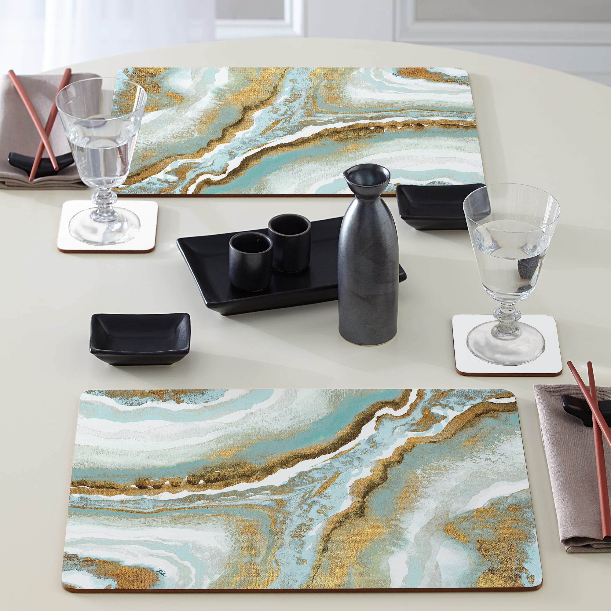 Cala Home "Teal Agate" Premium Decorative Hardboard Cork Back Tabletop Placemats 4 Pack
