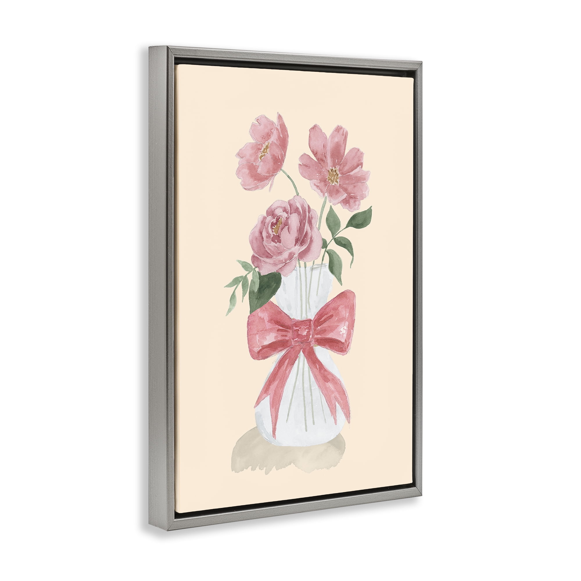 Stupell Industries Chic Vase Of Pink Plants & Flowers Painting Gray Floater Framed Canvas Art Print Wall Art, 21 x 31
