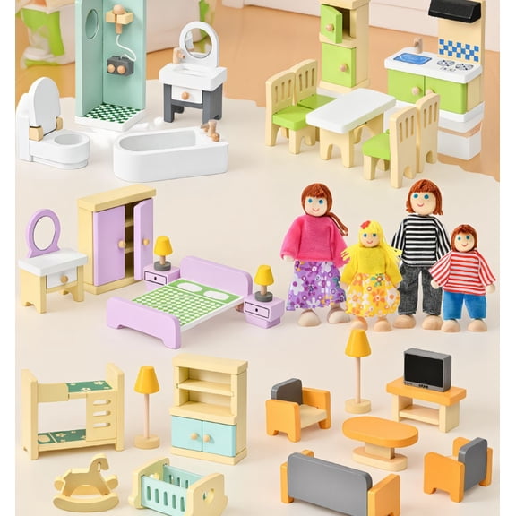 36PCS Wooden Dollhouse Furniture Set with 4 Dolls, Miniature for 5 Rooms, Pretend 3-8