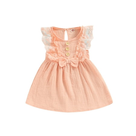 

Fayueye Baby Girl Dress Sleeveless Crew Neck Lace Patchwork Bowknot Summer A-line Dress
