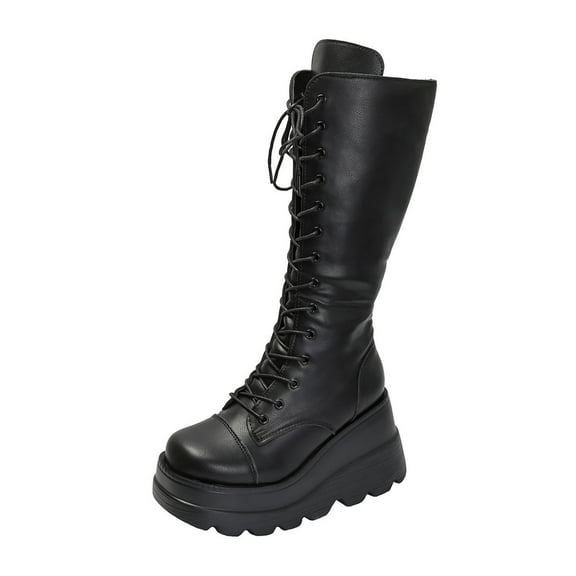 Xfvqtps Comfortable Flatform Winter Boots for Women Knee High Wedge Heel Boots Adjustable Lace up Side Zipper Non Slip Sole Gothic Style Black