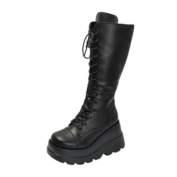 Xfvqtps Comfortable Platform Winter Boots for Women Knee High Wedge Heel Boots Adjustable Lace up Side Zipper Non Slip Sole Gothic Style Black