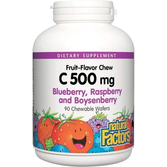 Natural Factors Kids Chewable Vitamin C 500 mg, Supports Immune Health, Bones, Teeth and Gums, Blueberry, Raspberry and Boysenberry, 90 Wafers