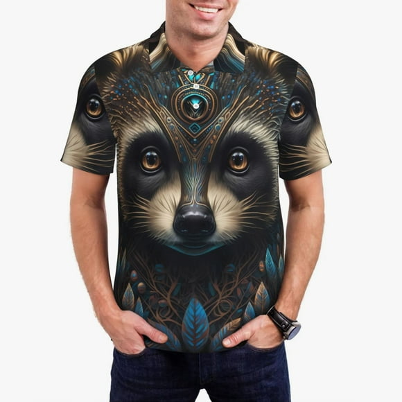 Saiise Tribal Style Raccoon Print Mens Golf Shirt Moisture Wicking Quick-Dry Print Performance Polo Shirts for Men-Medium