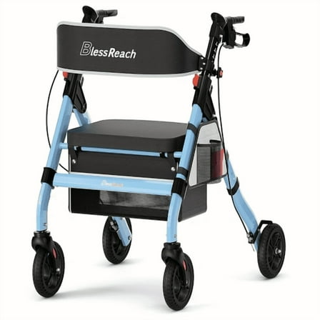 Foldable Rollator Walkers with Seat for Seniors, 450 lb Capacity, 8" Wheels, 18" Big Seat, 6-Position Adjustable Height, Heavy-Duty Aluminum Rolling Walker (BLUE)