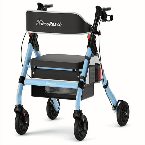 Foldable Rollator Walkers with Seat for Seniors, 450 lb Capacity, 8" Wheels, 18" Big Seat, 6-Position Adjustable Height, Heavy-Duty Aluminum Rolling Walker (BLUE)