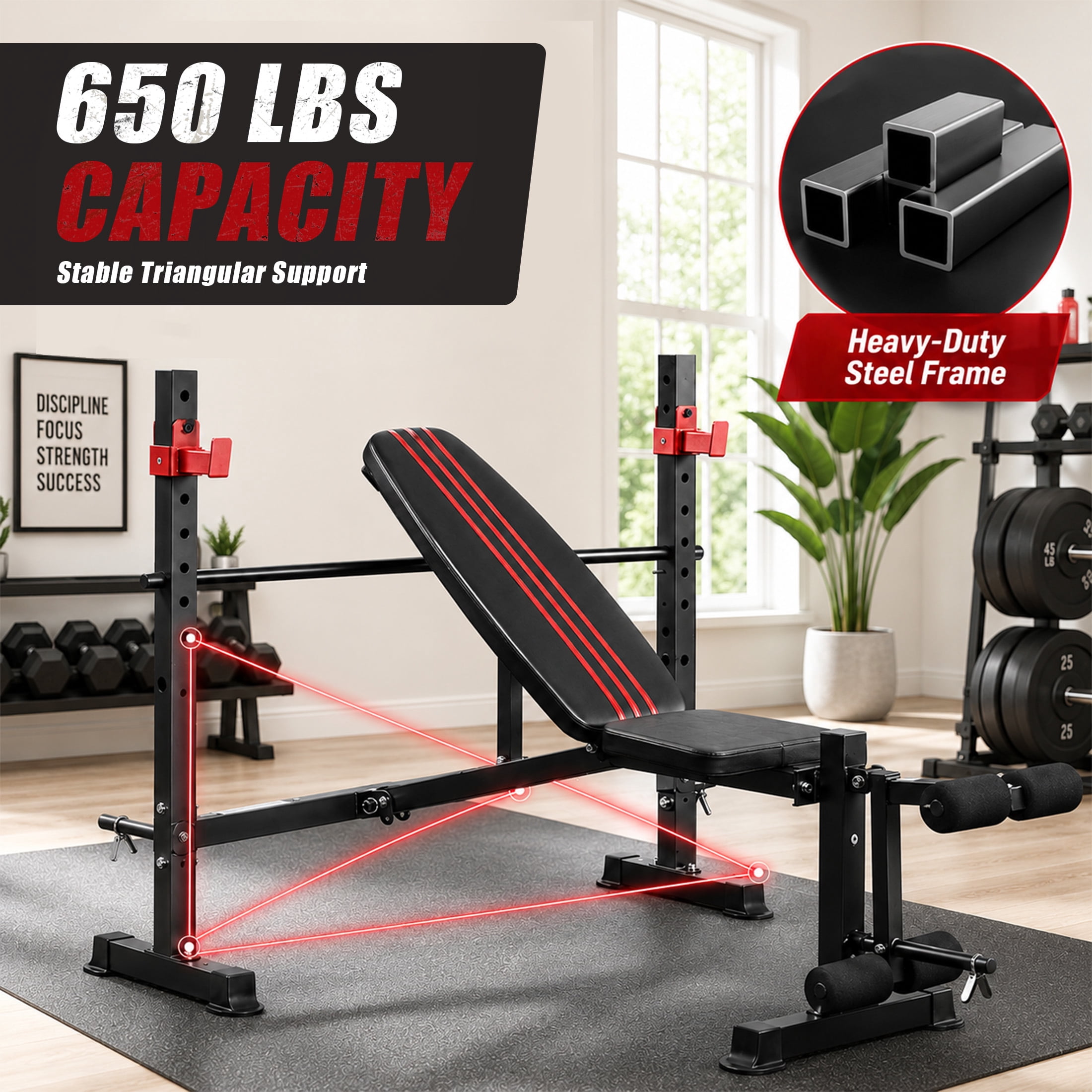 SHOUFTW Foldable Adjustable Weight Bench Set with Leg Developer, 650 lbs Heavy-Duty Bench Press for Home Gym Strength Training, Space-Saving Workout Equipment for Small Apartments, Black