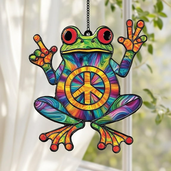 Hippie Frog Faux Stained Glass Suncatcher, Tie Dye Hippie Acrylic Window Hanging, Groovy Decor for Peaceful Vibes, Peace Sign Ornament