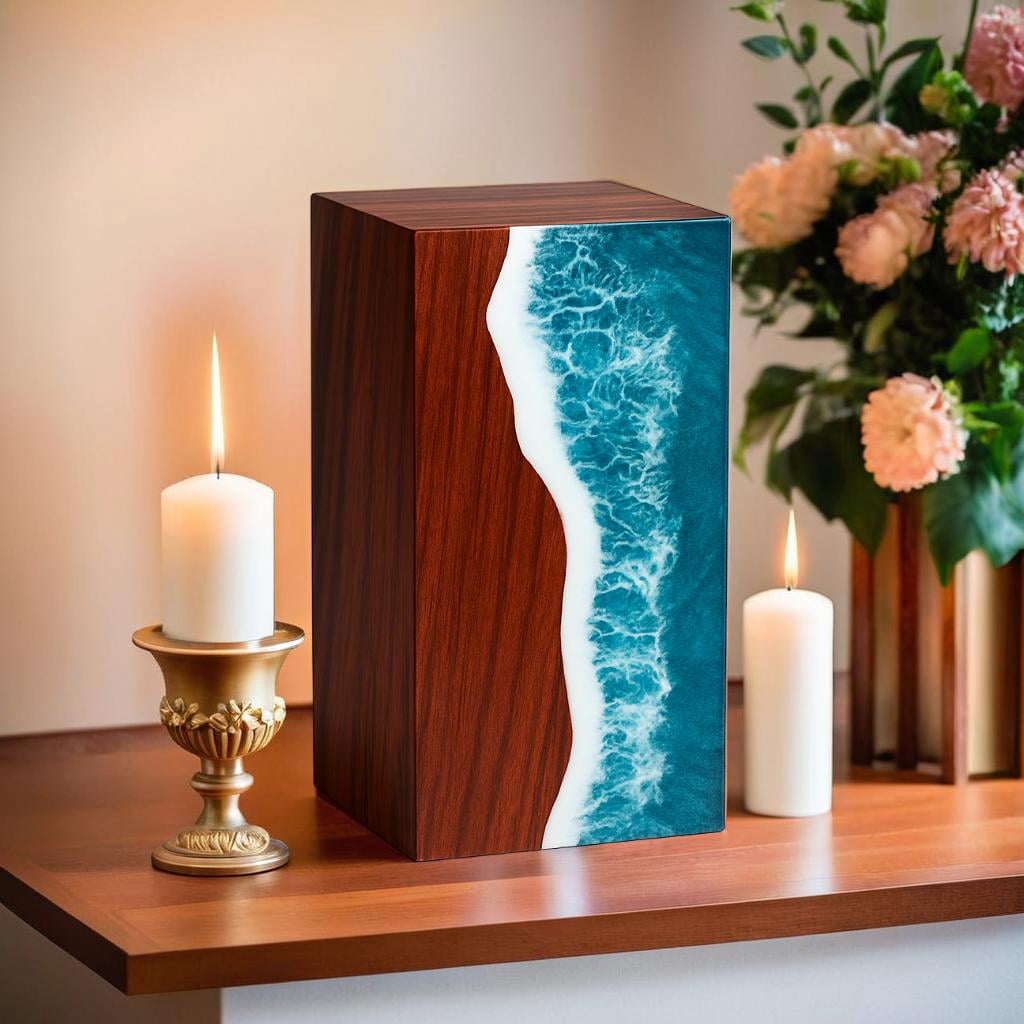 Wooden Urns for Human Ashes Adult Cremation Urns for Human Ashes Ocean Wave Design Wooden Urn Box Memorial Cremation Urn Box for Human & Pet Ashes