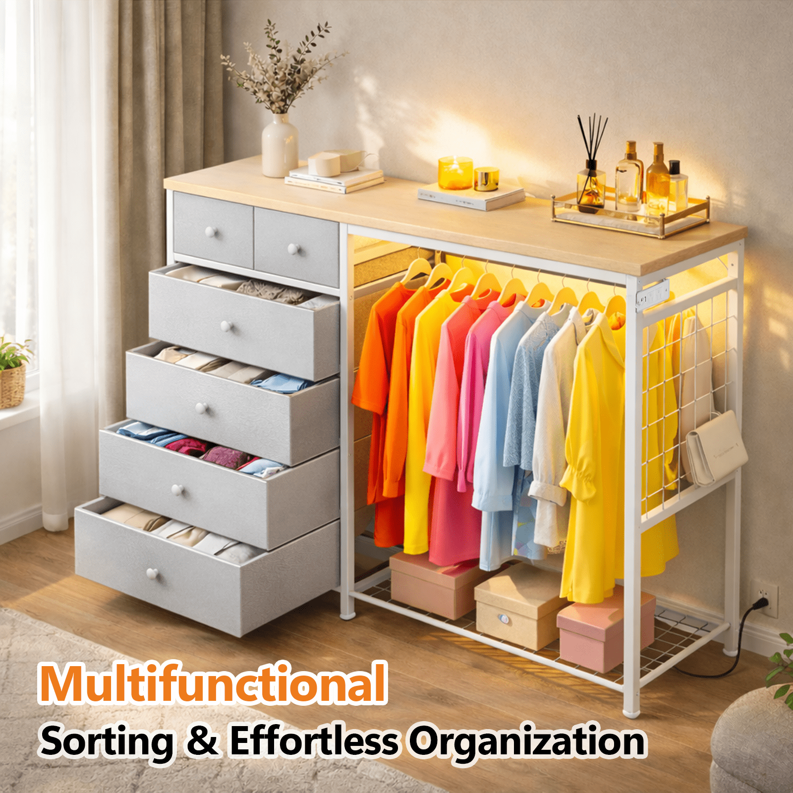 Simple Deluxe Storage Clothes Rack with 6 Drawers, Charging Station & LED Lights, Fabric Chest Shelves Clothing Rack, Wooden Portable Wardrobe Closet, 49.2" W x 15.7" D x 47.2" H, Silver