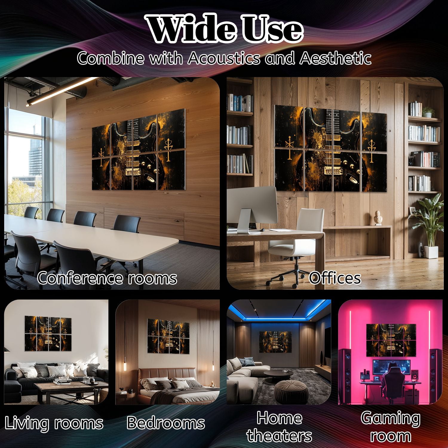 Musical 8 Pack Art Acoustic Panels Sound Absorbing Gold Splattered Black Electric Guitar Symbolic Markings Decorative Soundproof Wall Panels Self Adhesive for Game Room Music Classroom 48"x32"