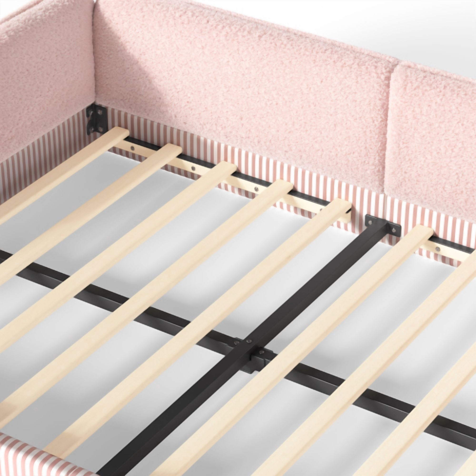 Queen Size Upholstered Teddy Fleece Floor Bed Frame, Half-Enclosed Montessori Low Profile Platform Bed with Full-Perimeter Guardrails for Kids, Pink