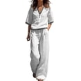 thumbnail image 2 of Cagogo Women Plus Size 2 Piece Set V Neck Short Sleeve Top Wide Leg Pants Casual Summer Boho Vacation Outfits Loose Matching Lounge Sets Tracksuits Travel Cruise Clothes, White 2XL, 2 of 7