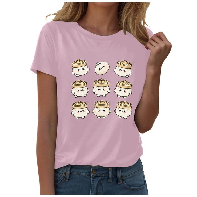 DXOUPM T-Shirts pour Femmes Mignon Imprimé Boulette Col Rond Manches Courtes Hauts d'Été Doux