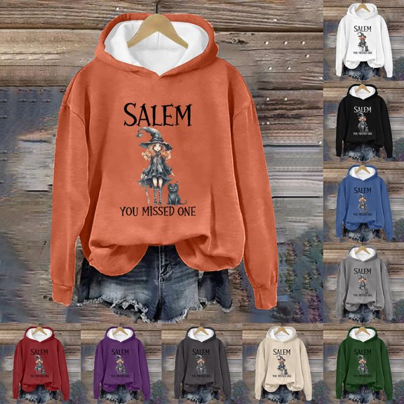 YVNAURA Women's Vintage Halloween Witch Graphic Hoodie Long Sleeve Pullover Tops Crew Neck Round Neck Oversized Girls Trip Fall Outfits for Women Spooky Season Tee, Orange,L