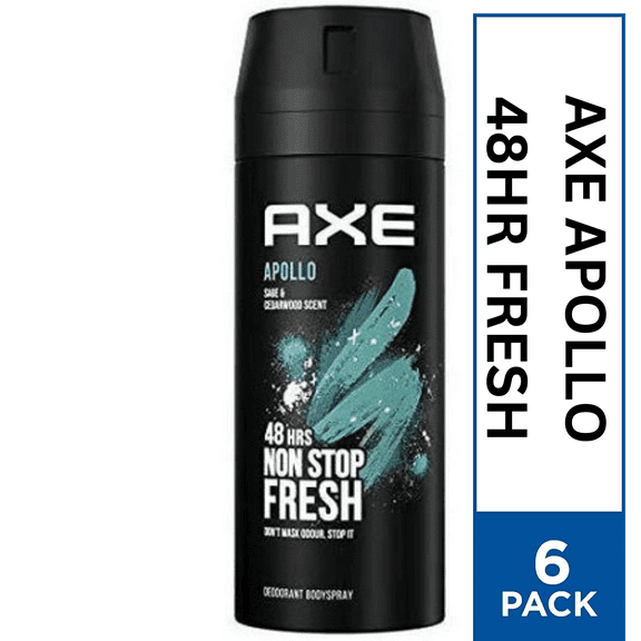 Axe APOLLO Body Spray Deodorant. 48 HOUR ODOR PROTECTION Energized & Fresh 5 Oz. Each (PACK OF 6 )