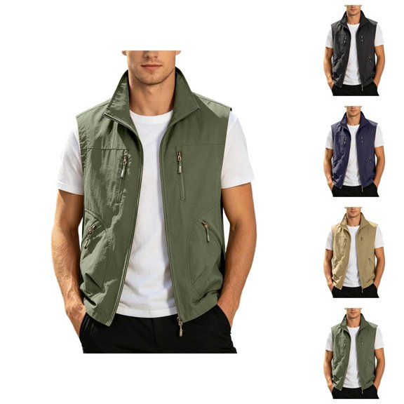 Fishing Vests for Men Lightweight Stand Collar Zip Up Sleeveless Jacket with Pockets Outdoor Work Photo Travel Hiking Vest