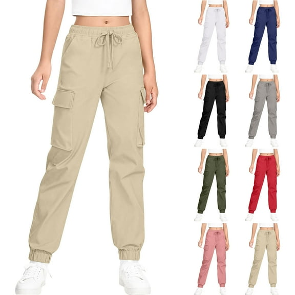 HAOTAGS Tee Girls Cargo Pants(4-15), Elastic Waist with Drawstring Joggers with Multi-pockets Khaki 8-9Years
