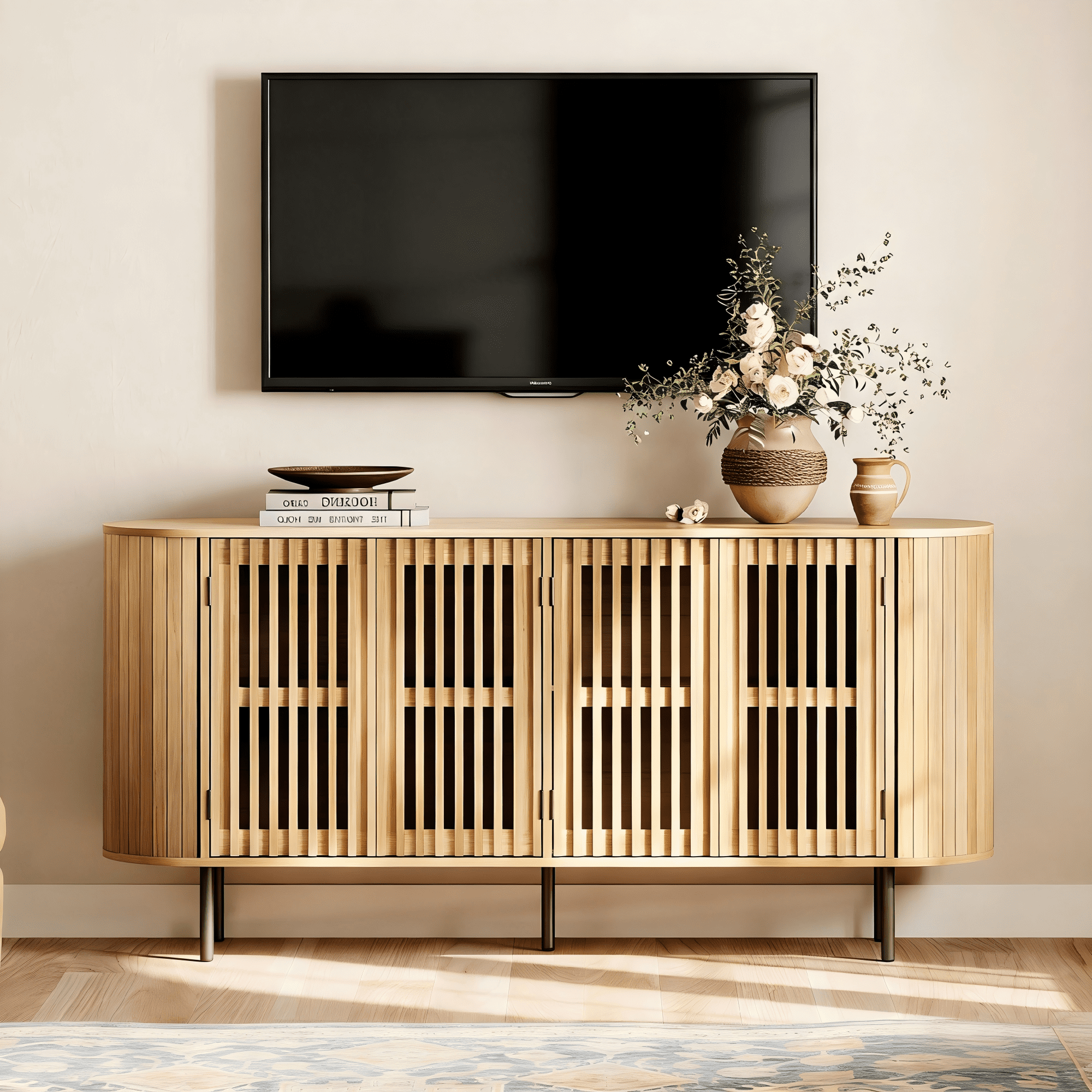 WAMPAT Modern Sideboard Buffet Cabinet with Storage, Wooden Accent Storage Cabinet with 4 Fluted Doors, Credenza with Curved Design for Dining Room, Living Room, Kitchen, Oak