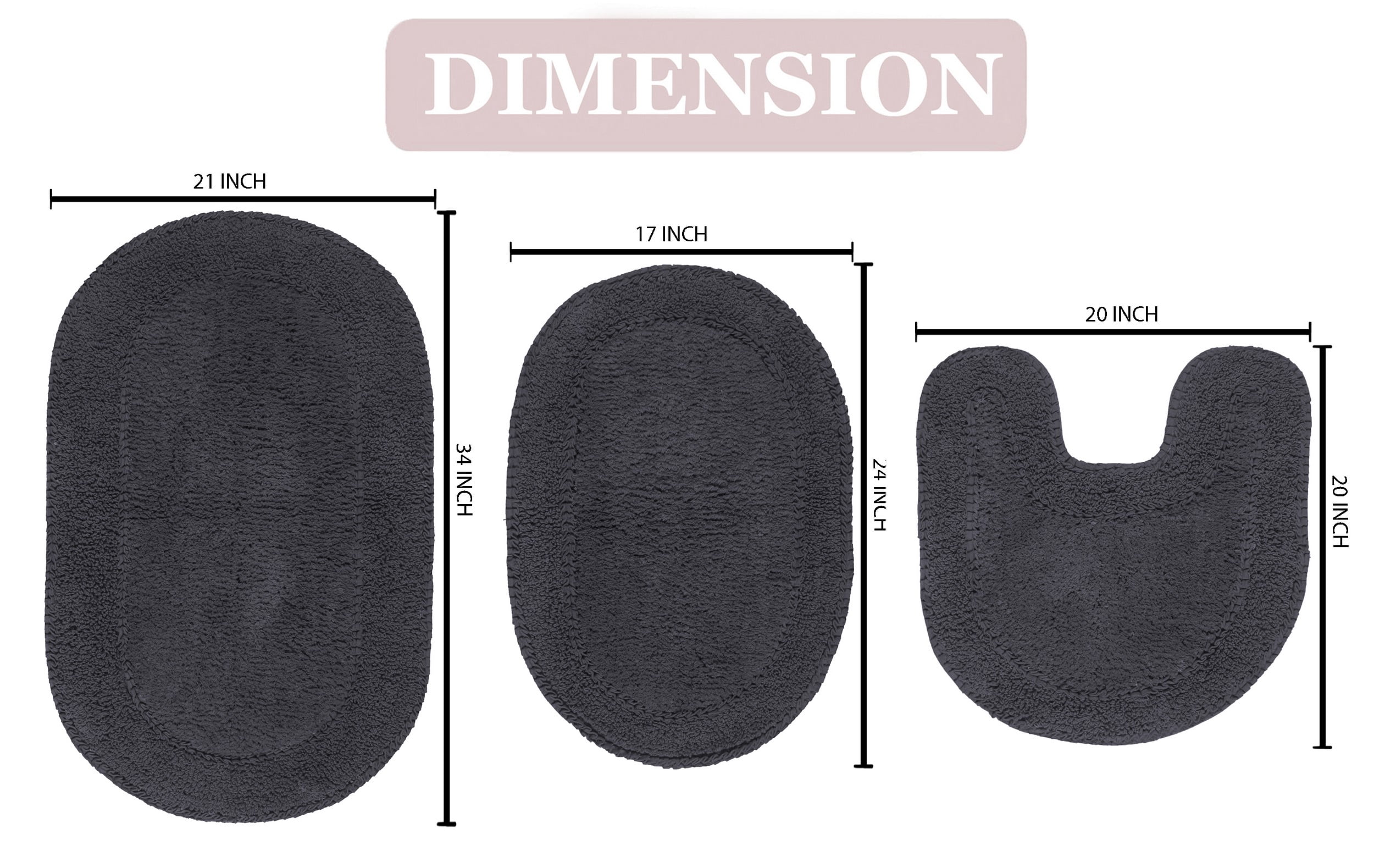 Home Weavers Double Ruffle Collection 100% Cotton Non-Slip Bathroom Rug Set Machine Washable Bathroom Rug-17"x24", Bath Rug- 21"x34", U Shaped Contour- 20"x20", Gray Color 3 Piece Bath Rug set