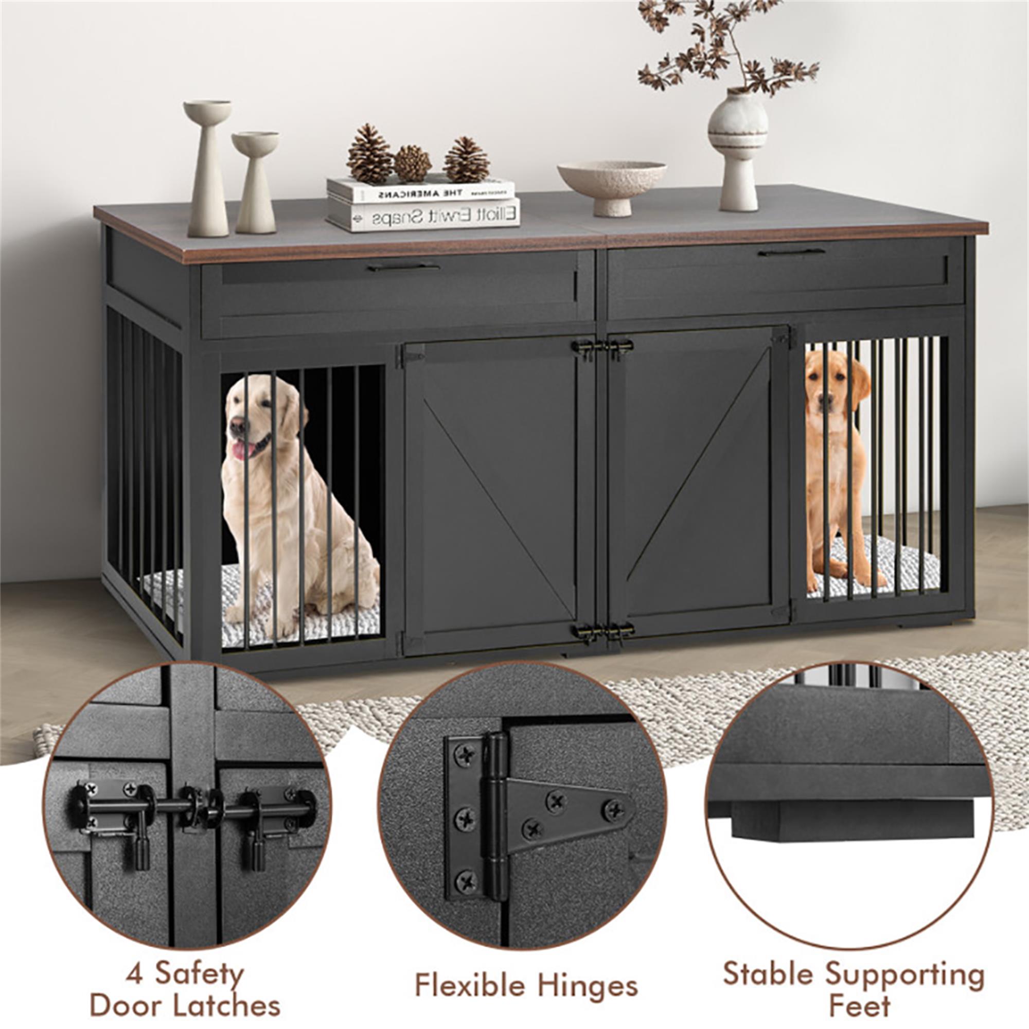 Kadyn 72" Double Door Dog Crate with Partition for Two Puppies, Furniture Style Dog Cages, Indoor Wood Kennel with Room Divider, Black