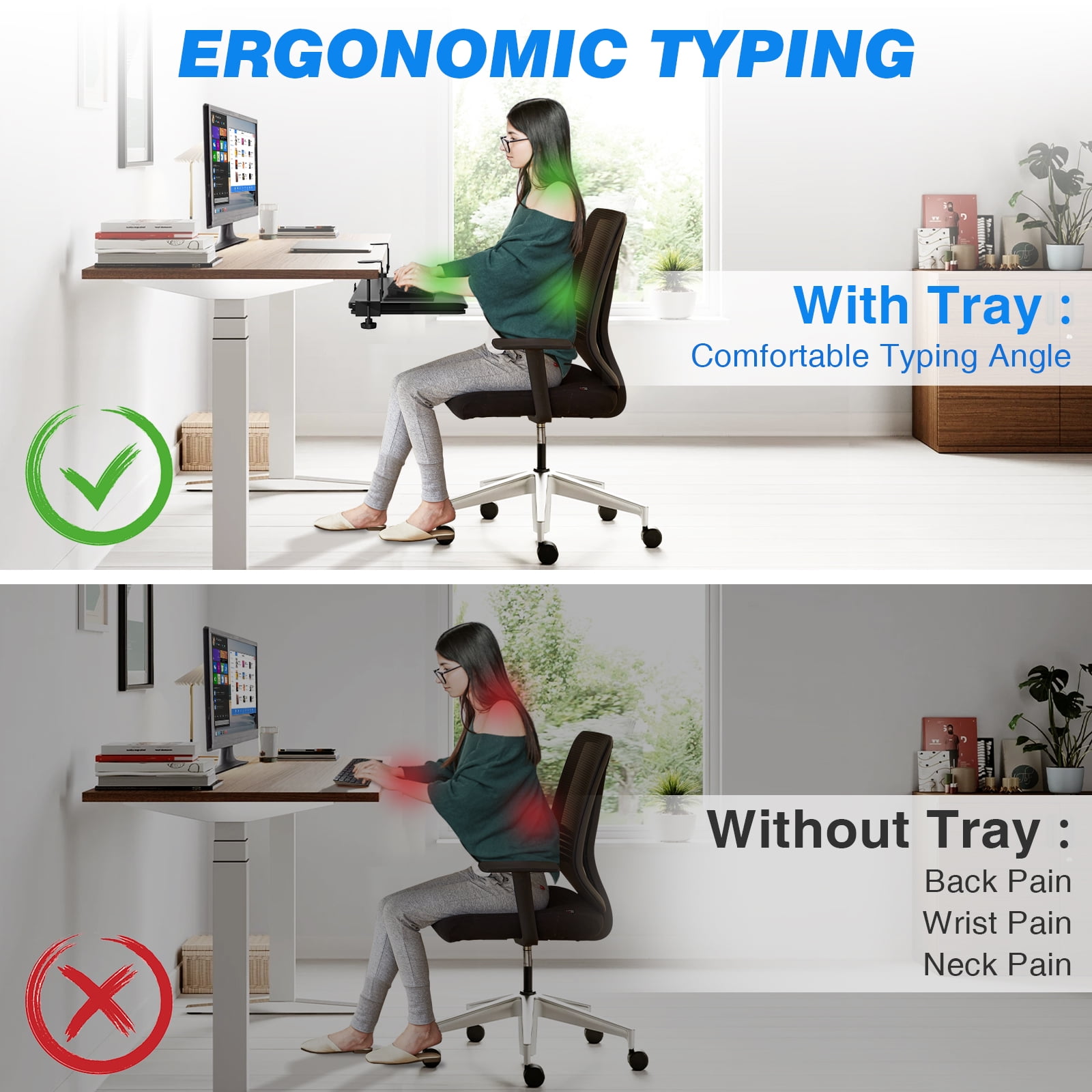 Under Desk Keyboard Tray, 25.6" Extendable Keyboard Tray with 4-Level Height Adjustment, Clamp-On Keyboard Drawer with Cable Management, Holds up to 11 LBS, Black