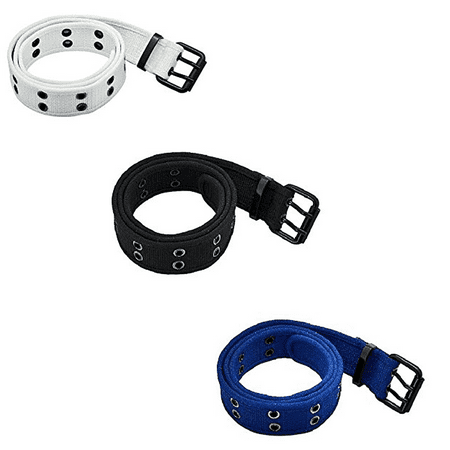 Set of 3 Double Hole Grommets Canvas Web Belts with Forged Black Buckle for Men &