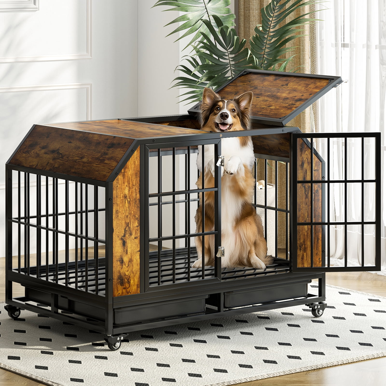 TABU 42" Large Dog Crate,Heavy Duty Dog Crate with Lockable Wheels, Pull-out Tray, Rustic Brown