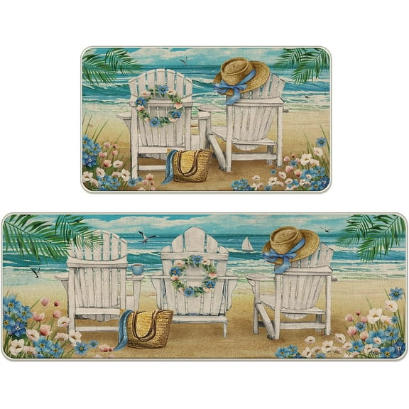 Spring Summer Sea Chair Kitchen Rugs Set of 2, Beach Coastal Forget Me Not Flower Hat Bag Kitchen Mats Decor, Nautical Seagull Sailboat Floor Door Mat Home Decorations -17x29 and 17x47 Inch