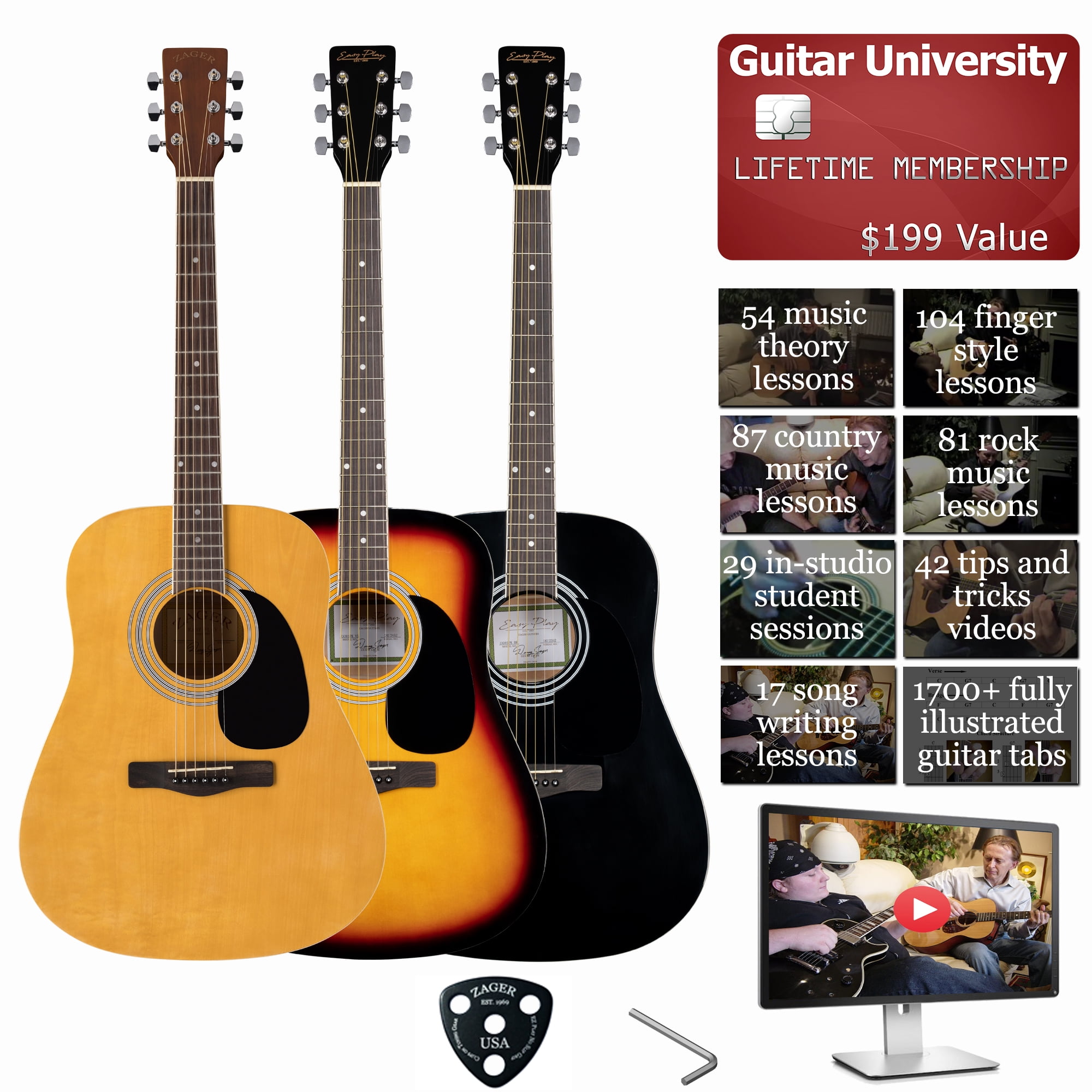 Zager Easy Play No Sore Fingers Acoustic Guitar Package 41" Full Size