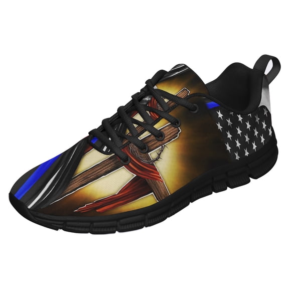Christian Cross Thin Blue Line Running Shoes Sneakers Mesh Black Size 3.5
